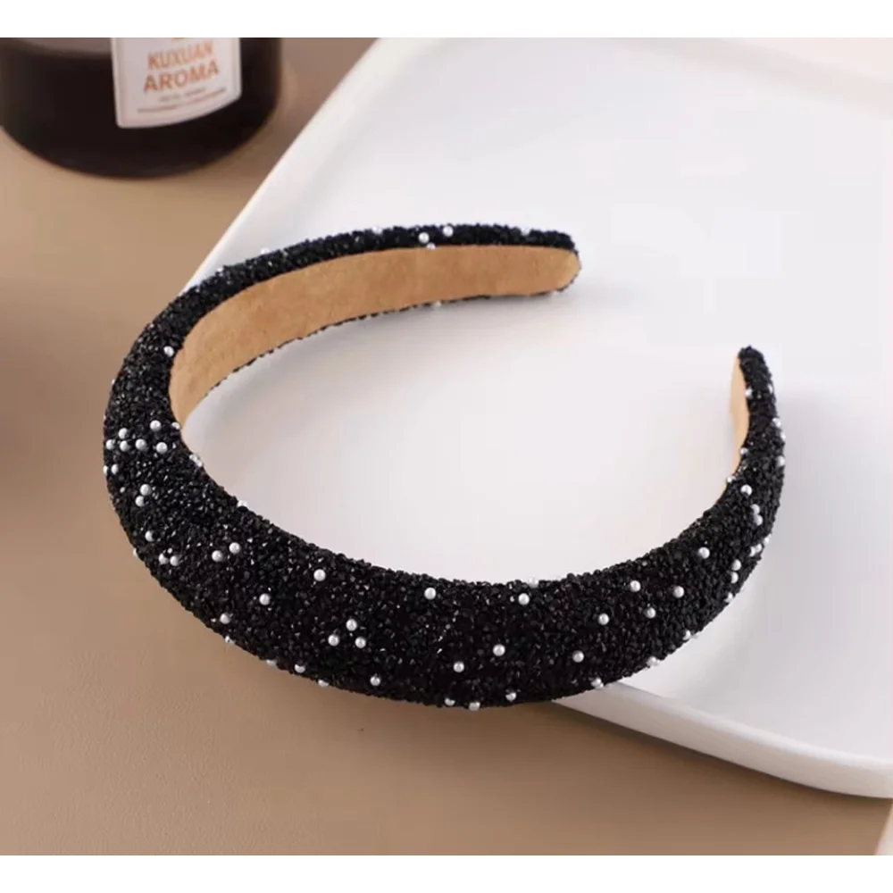Black Rhinestones Pearl‎ Headband Padded Shiny One Size